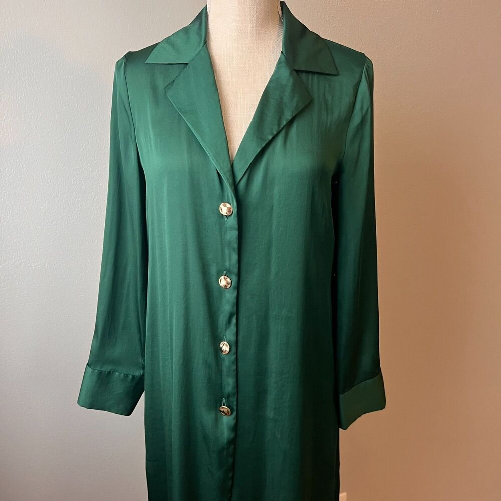 ZARA Jade Green Women's Button Up Satin Shirt Dress Size XS
